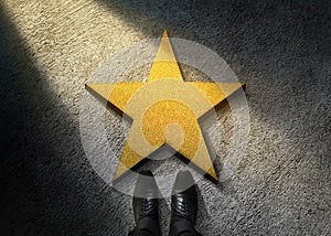 Success in Business or Personal Talent Concept. Top View of Businessman in Shiny Oxford Shoes standing in front of a Golden Star