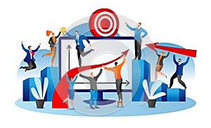 Success in business, teamwork and successful businessen group celebrating, flat vector illustration. Achivement and