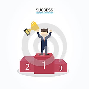 Success businessman character standing in a podium holding up a trophy as he celebrates his victory.