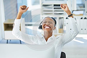 Success, call center or sales consultant black woman for happy telemarketing, winner or b2b company motivation in office