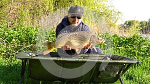 Success carp fishing. Fisherman holding big carp in hands