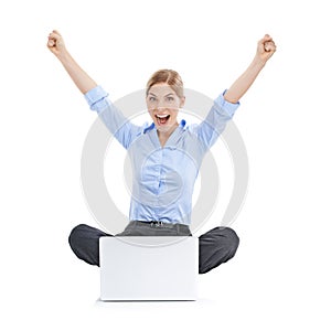 Success, celebration and business woman with laptop in studio isolated on white background. Winner, computer or portrait