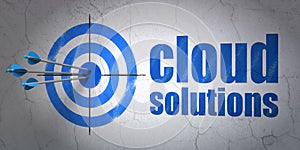 Cloud computing concept: target and Cloud Solutions on wall background