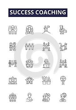 Success coaching line vector icons and signs. Aspiration, Attainment, Betterment, Coaching, Development, Drive photo