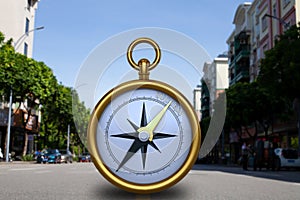 Success compass on the road. 3D illustration. 3D rendering