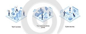 Success concept banner, Man Character Signing Car Insurance Policy Form, Laptop with Firewall Protection Shield on Screen, set