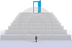 Success concept with businessman, Image of miniature businessman standing in front of open blue door on white wall background.