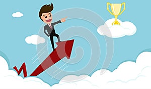 Success concept.businessman rides red arrow to trophy on cloud.