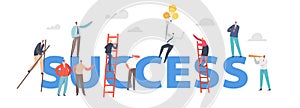 Success Concept. Businesspeople Characters Climbing Up the Ladders, Flying on Ligh Bulb Balloons, Walking on Stilts