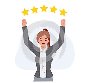 success concept. businesswoman is happy with five stars rating above.