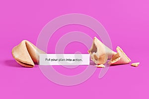 Success concept with fortune cookie saying `Put your plan into action`