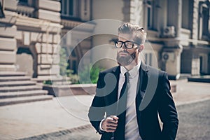 Success concept. Stylish harsh bearded guy in a suit and glasses