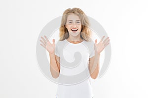 Success concept. Very happy and excited young caucasian woman in blank template t shirt isolated on white background. Copy space.