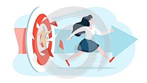Success concept. Woman run to the goal, winning in competition