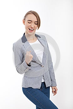 Success concept. Young business woman in a casual clothes isolated on white. Copy space and mock up. Front. T-shirt.