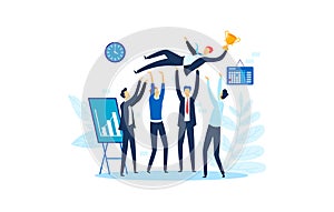 Success corporate victory, business celebration party vector illustration. Professional group achievement, happy man