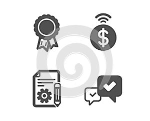 Success, Documentation and Contactless payment icons. Approve sign. Award reward, Project, Financial payment. Vector