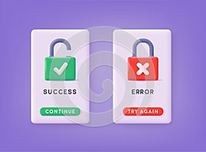 Success and Error access. Approved and Rejected UX web elements. 3D Web Vector Illustrations