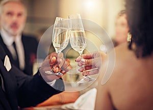 Success, hands or champagne toast in a party in celebration of goals, achievement or new year at luxury event