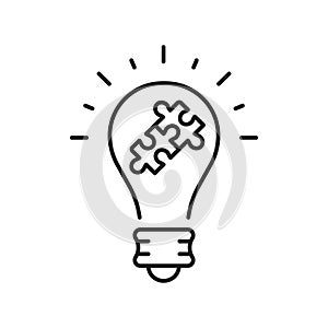 Success Innovation, Inspiration, Idea Concept, Puzzle in Lightbulb Line Icon. Solution Pictogram. Jigsaw in Light Bulb