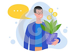 Success investment concept vector illustration, cartoon flat happy man investor character holding money coin plant pot
