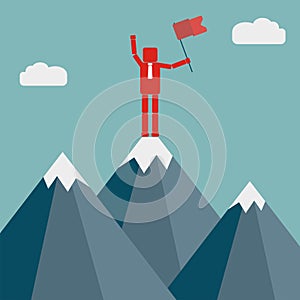 Success, leadership, achievement and people concept. Businessman with flag on mountain top. Vector illustration