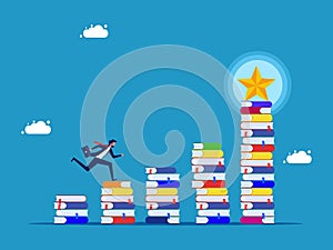 Success and learning never stop. Businessman running on stairs stack of books with stars