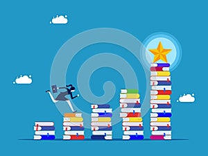 Success and learning never stop. Businesswoman running on stairs stack of books with star