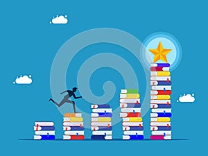 Success and learning never stop. man running on stairs stack of books with stars