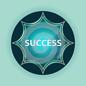 Success magical glassy sunburst blue button sky blue background