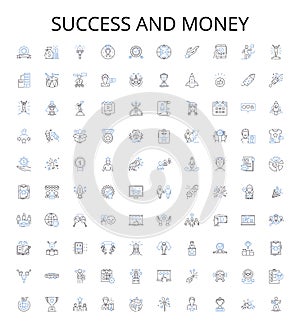 Success and money outline icons collection. Success, Money, Wealth, Profit, Achievement, Win, Gains vector illustration