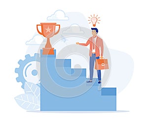 success motivation concept, Businessman holding trophy cup standing on the stair