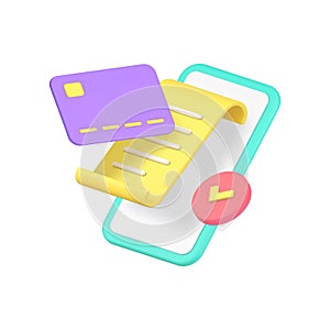 Success online payment card receipt banking smartphone application 3d icon realistic vector