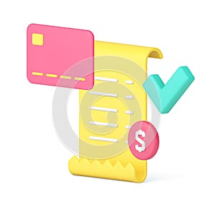 Success payment receipt credit debit card done approve transaction 3d icon realistic vector