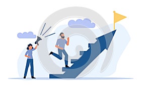 Success people step up on arrow vector promotion team business illustration concept. Successful businessman design background