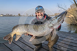 Success pike fishing. Happy fisherman with big fish trophy in hands photo