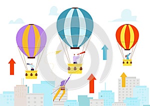 Success project work, business people in air balloon vector illustration. Businessman manager leadership in job, cartoon