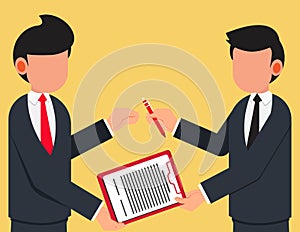 Success real estate deal, Contract or mortgage form. Businessman passing contract document with pen to his client business man for