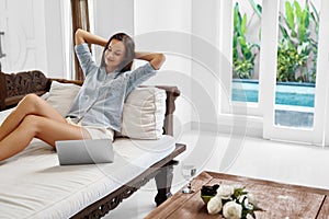 Success, Relaxation. Woman Relaxing After Successful Business Deal