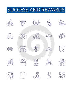 Success and rewards line icons signs set. Design collection of Achievement, Triumph, Honor, Profit, Riches, Gain