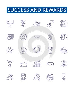 Success and rewards line icons signs set. Design collection of Achievement, Triumph, Honor, Profit, Riches, Gain