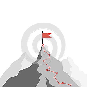 Success Route. Path to top of mountain. Business strategy path to success. Mountain climbing route to peak. Flat Vector