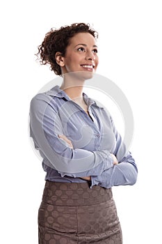 Success: satisfied business woman smiling wearing blue blouse f