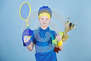 Success in sport. Proud of achieved success. Succeed in everything. Athlete successful boy sport equipment jump rope