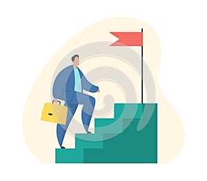 Success stairs. Businessman steps up career stairs. Vector illustration