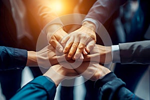 Success of team concept, Top view hands of Business teamwork join hands together in office. Generative AI