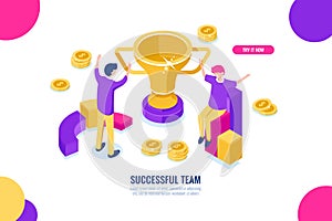 Success team isometric icon, business solutions, victory celebration, happy business people cartoon flat, financial