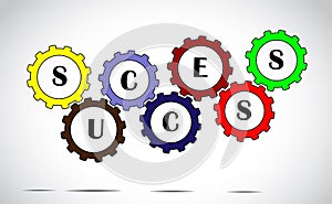 Success team work achievement progress concept using colorful gears with text