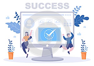 Success Vector Illustration Of Achieving Vision, Goal, Planning, Target, Strategy, Action, Consistency To Success. Landing Page