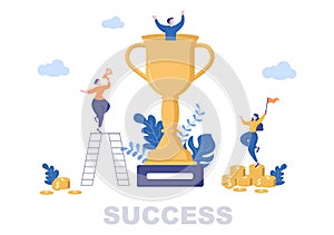 Success Vector Illustration Of Achieving Vision, Goal, Planning, Target, Strategy, Action, Consistency To Success. Landing Page